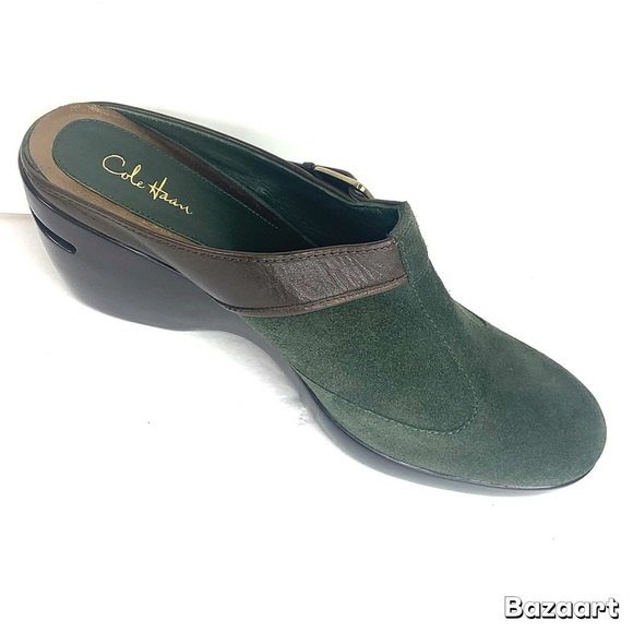 Cole Hann Women Green Suede Clogs side buckle Sz 10 - Picture 2 of 9